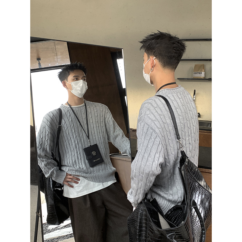 PLTH*老钱风卷边圆领毛衣男冬季潮流粗麻花松弛感保暖宽松针织衫