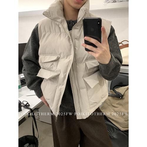 PLTH*冬季保暖叠穿立领多口袋防风马甲无袖棉袄韩系复古棉服男女