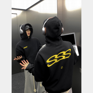 PLTH 潮牌秋冬加绒保暖防风扣连帽卫衣后背印花宽松百搭外套 美式