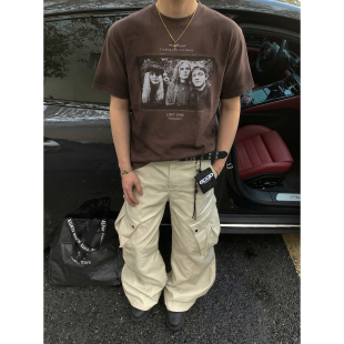 T恤男复古乐队人像印花小领口宽松上衣 街头做旧水洗短款 PLTH 美式