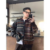 PLTH 秋冬高级复古费尔岛撞色宽松纽扣翻领羊毛针织衫 慵懒毛衣男