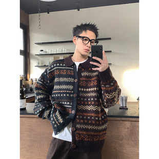 PLTH*秋冬高级复古费尔岛撞色宽松纽扣翻领羊毛针织衫慵懒毛衣男