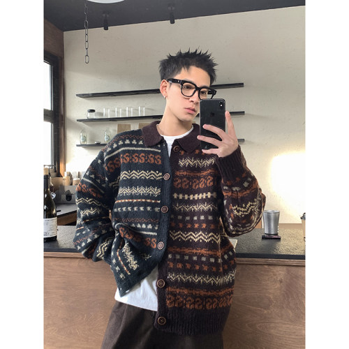 PLTH*秋冬高级复古费尔岛撞色宽松纽扣翻领羊毛针织衫慵懒毛衣男