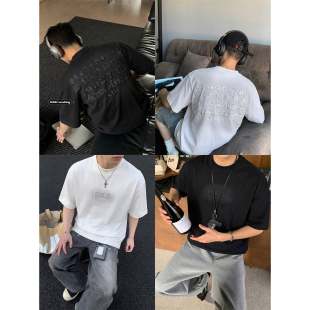 T恤男宽松重磅360g半袖 PLTH 复古做旧数字贴布短袖 美式 上衣潮 夏季