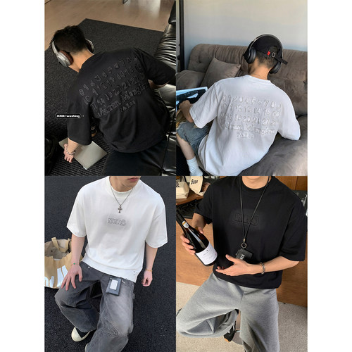 PLTH*夏季美式复古做旧数字贴布短袖T恤男宽松重磅360g半袖上衣潮