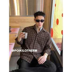 男宽松翻领设计春季 复古假两件格纹衬衫 叠穿休闲上衣潮 美式 PLTH