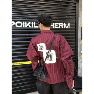 男女宽松休闲长袖 复古字母刺绣贴布套头假两件条纹衬衫 美式 PLTH