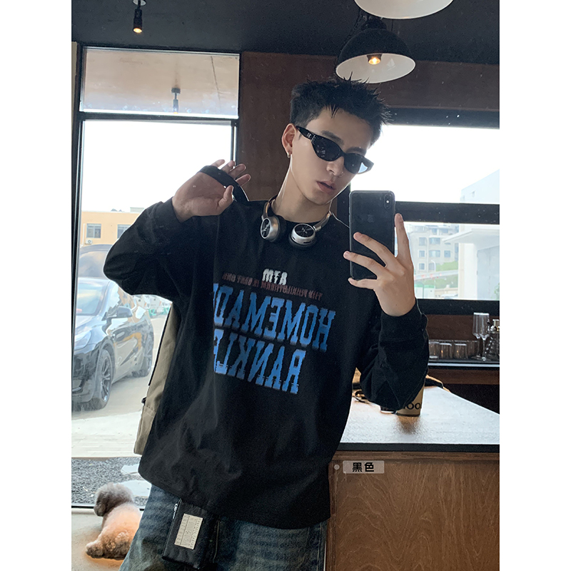 PLTH*美式休闲设计感小领口宽松字母印花纯棉长袖T恤重磅打底上衣