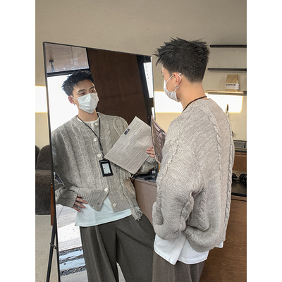 PLTH*老钱风设计感简约粗麻花流苏针织开衫男宽松高级感长袖外套