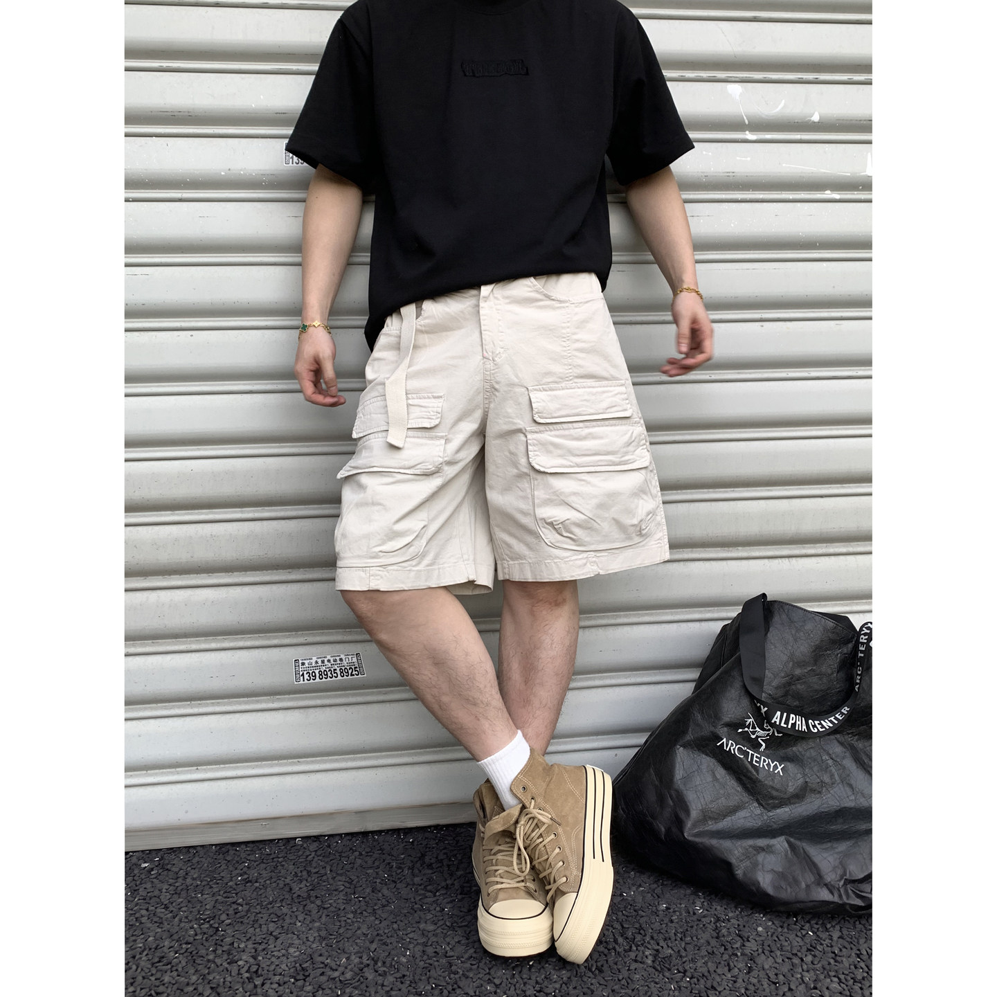 PLTH*美式街头多口袋工装短裤男女宽松廓形腰带设计休闲五分裤潮