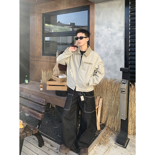 PLTH*春季美式复古水洗珠地棉双拉链夹克炒盐做旧短款BOXY版型男