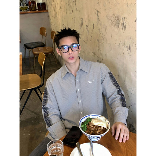PLTH*春季宽松竖条纹长袖衬衫男美式街头袖部字母刺绣休闲衬衣潮
