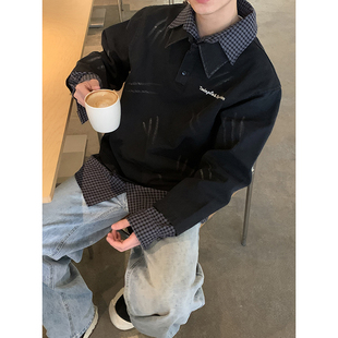 PLTH 复古做旧拼接假两件格子POLO领卫衣学院风休闲百搭上衣 美式