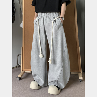 男运动宽松拖地休闲卫裤 小众设计感手工粗绳阔腿弯刀裤 美式 PLTH