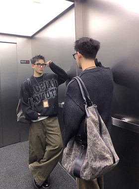 PLTH美式复古泼墨字母圆领毛衣男秋季高街做旧宽松慵懒风情侣上衣