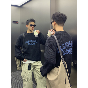 男女街头BF宽松百搭圆领毛衣 复古慵懒做旧喷墨针织衫 PLTH 美式