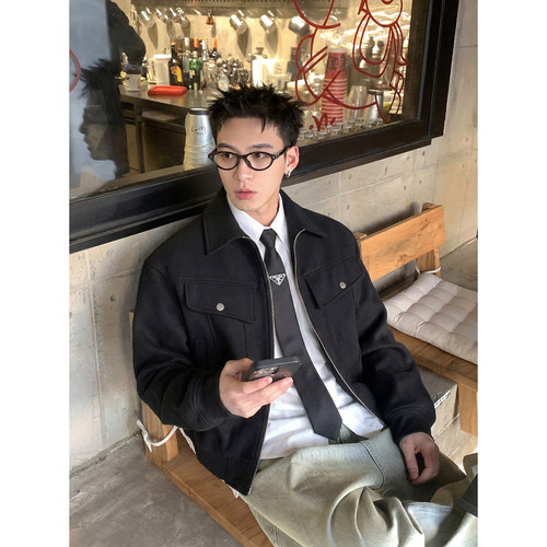 PLTH*美式复古重磅翻领拉链夹克男工装风多口袋设计宽松短款外套