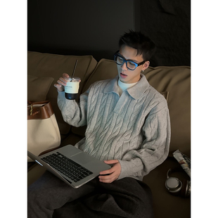 PLTH*美式扭花假两件翻领针织衫男秋冬百搭宽松复古慵懒套头上衣