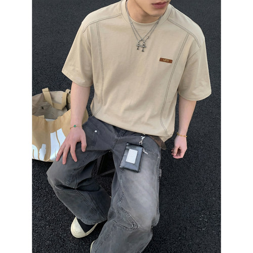 PLTH*美式复古明线设计感短袖T恤男夏季潮牌宽松休闲通勤半袖上衣