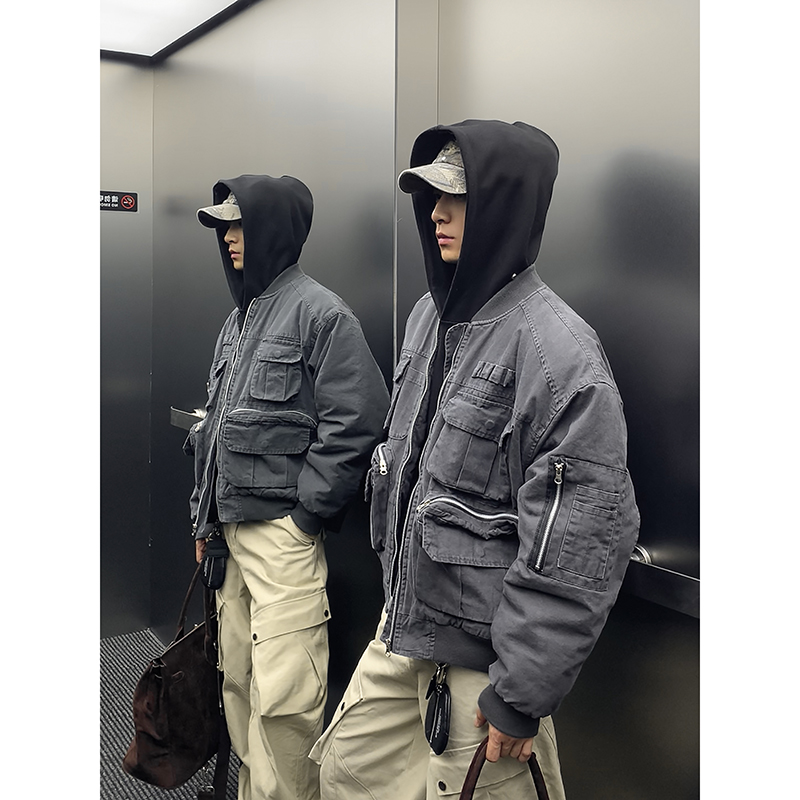 PLTH*重工水洗棉服男女同款bomber冬夹棉多口袋飞行夹克棉衣外套