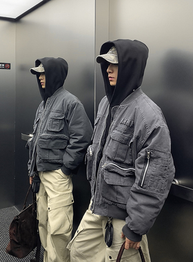 PLTH*重工水洗棉服男女同款bomber冬夹棉多口袋飞行夹克棉衣外套