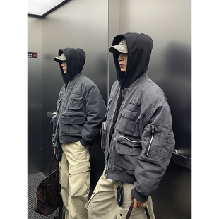 PLTH*重工水洗棉服男女同款bomber冬夹棉多口袋飞行夹克棉衣外套