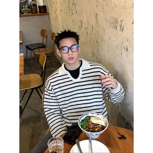 宽松V领叠穿松驰慵懒风上衣 简约撞色条纹套头毛衣男冬季 PLTH 美式