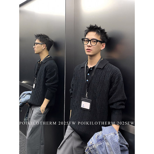 PLTH*老钱风复古撞色纽扣亨利领毛衣男秋冬美式宽松休闲长袖上衣