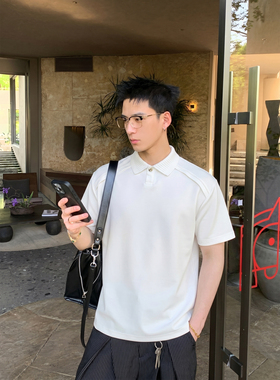 PLTH*极简高级感白色polo衫男士拼接小众设计夏季宽松休闲短袖T恤