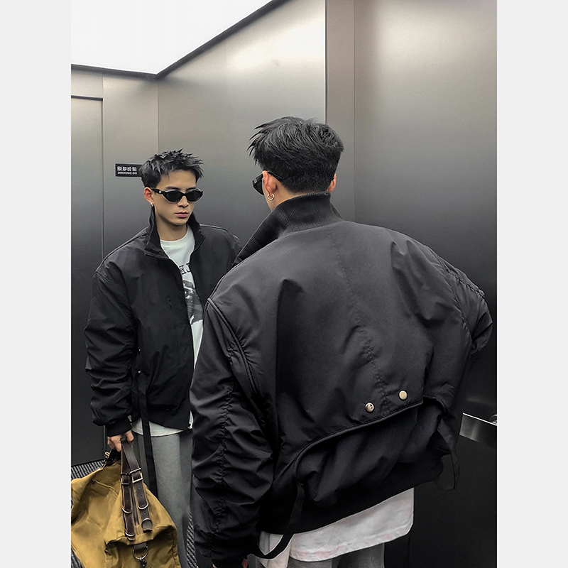 PLTH*美式飞行员飘带夹棉夹克男秋季新款加厚棒球服宽松棉服上衣