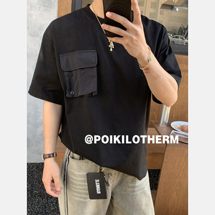 复古街头纯色休闲百搭大口袋圆领短袖 美式 T恤上衣男 夏季 PLTH