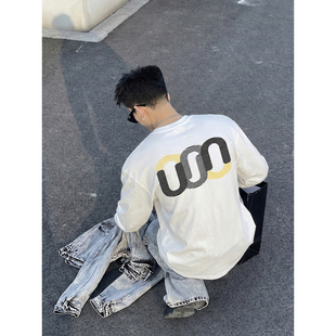 街头打底衫 PLTH 宽松印花上衣美式 T恤男春季 复古高街做旧水洗长袖