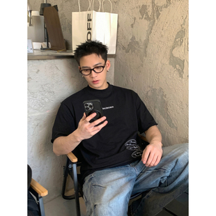 复古350g重磅高街小领口短袖 美式 T恤男宽松做旧印花上衣 夏季 PLTH