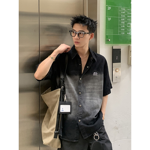 短袖 重工水洗做旧渐变扎染牛仔衬衫 男情侣外套百搭衬衣 美式 PLTH