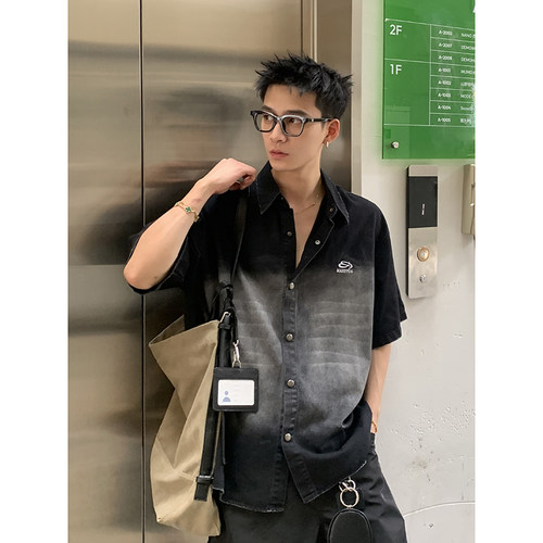 PLTH*美式重工水洗做旧渐变扎染牛仔衬衫短袖男情侣外套百搭衬衣