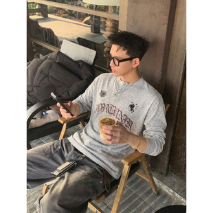 T恤男做旧杂色哥特印花街头风宽松上衣潮 复古亨利领长袖 PLTH 美式