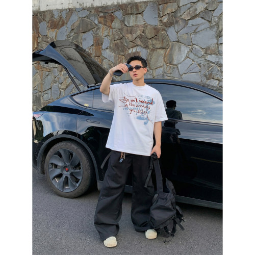 PLTH*美式复古手写涂鸦印花T恤男夏季宽松休闲潮牌设计感短袖上衣