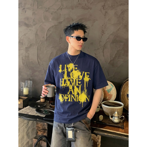 PLTH*夏季美式复古做旧涂鸦印花短袖T恤男宽松高街情侣半袖上衣潮