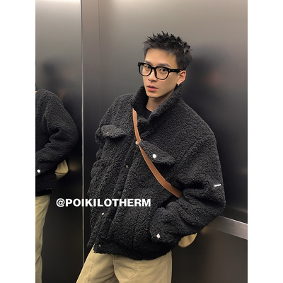 PLTH*冬季美式简约高级感cleanfit羊羔毛加厚棉服翻领宽松外套男