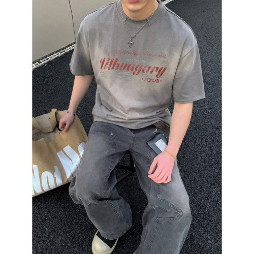 PLTH*夏季美式做旧水洗字母印花短袖T恤男女潮牌宽松重磅半袖上衣
