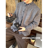 外套男秋冬慵懒风叠穿假两件针织衫 PLTH 老钱风拼接格纹毛衣开衫