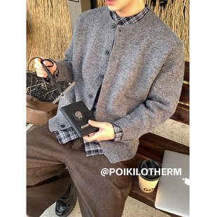 外套男秋冬慵懒风叠穿假两件针织衫 PLTH 老钱风拼接格纹毛衣开衫
