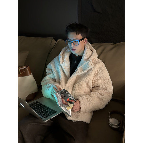 PLTH*冬季美式简约高级感cleanfit羊羔毛加厚宽松连帽棉服外套男