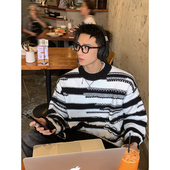 PLTH 韩系复古秋冬撞色条纹圆领针织衫 做旧流苏百搭宽松慵懒毛衣