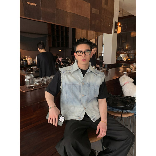 PLTH*美式做旧毛边牛仔马甲男宽松潮牌无袖坎肩休闲外搭背心上衣