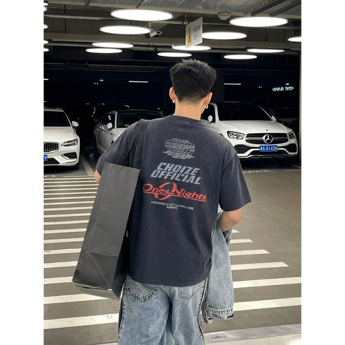 PLTH*美式复古重磅做旧水洗短袖T恤男女宽松高街潮牌印花半袖上衣