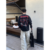 复古数字印花圆领假两件卫衣长袖 PLTH 美式 男痞帅休闲宽松上衣潮