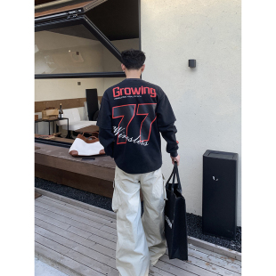 男痞帅休闲宽松上衣潮 复古数字印花圆领假两件卫衣长袖 PLTH 美式