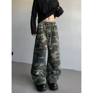 男女高街潮牌vintage宽松直筒抽绳裤 PLTH 裤 复古做旧迷彩工装 美式
