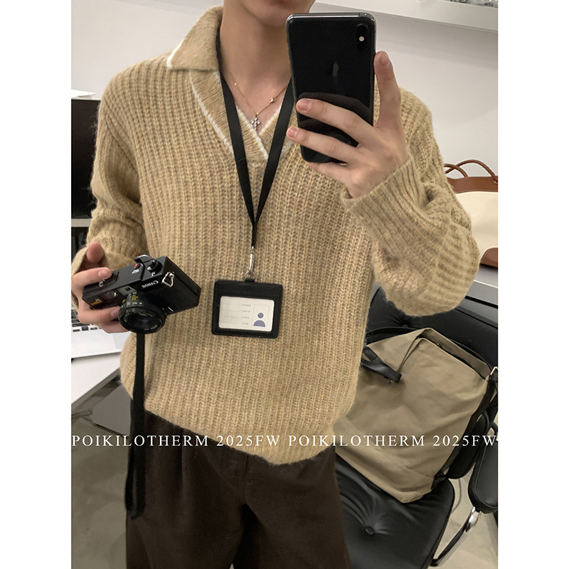 PLTH*秋冬高级感加厚V领毛衣男翻领针织羊毛衫软糯百搭打底上衣女